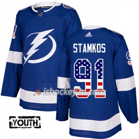 Børn NHL Tampa Bay Lightning Trøje Steven Stamkos 91 Adidas 2017-2018 Blå USA Flag Fashion Authentic